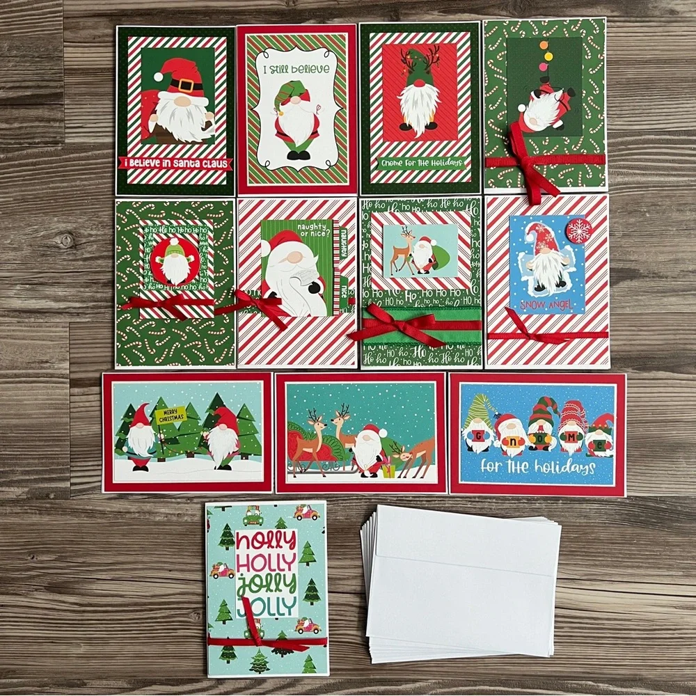 Handmade Christmas Holiday Gnome Greeting Cards Set of 12 5”x7” With Envelopes